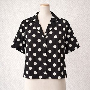 English Factory Textured Boxy Crop Button Front Polka Dot Short Sleeve Top